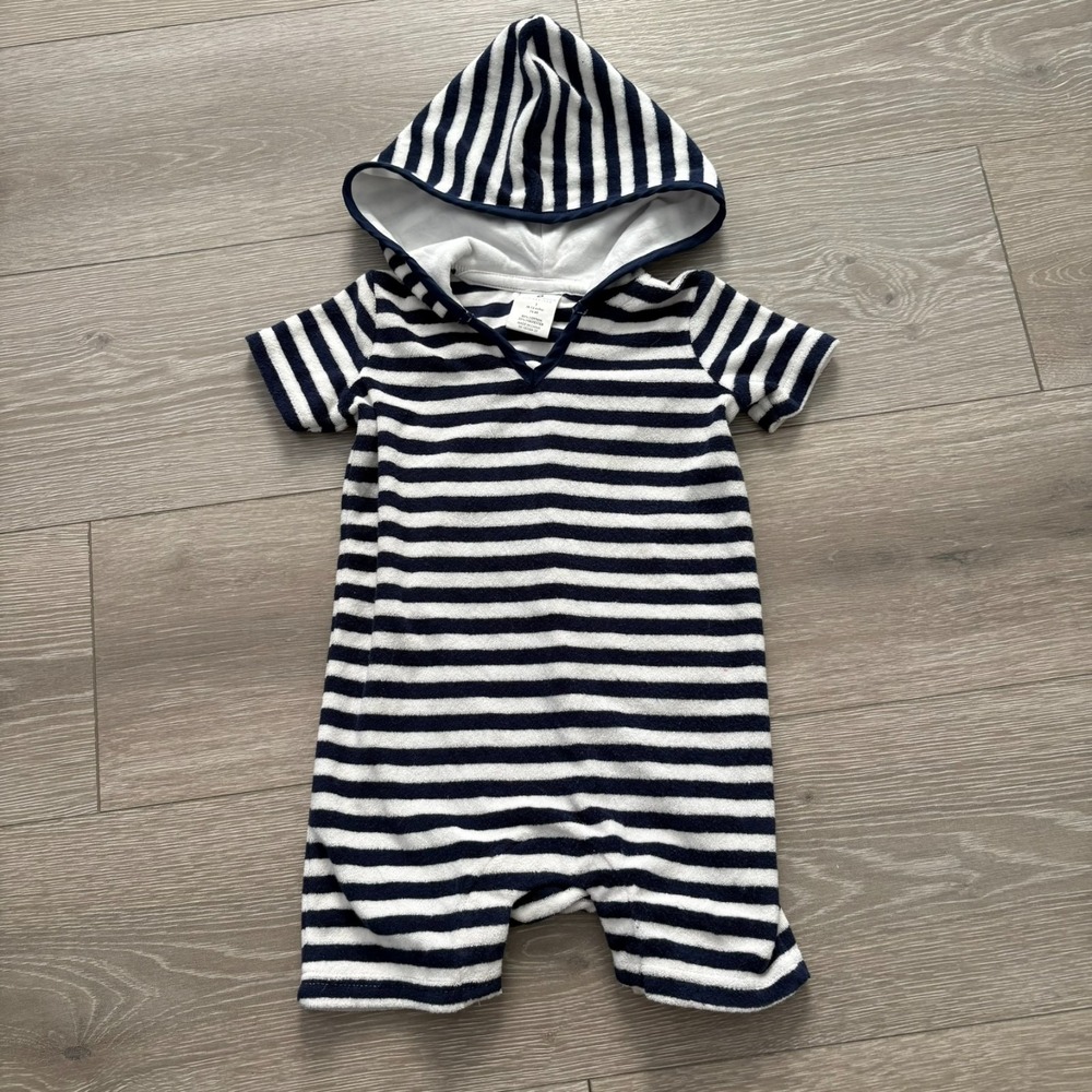 Snapper Rock Kids Navy Blue White Stripe Pocket‎ Hooded Romper 6-12 Months